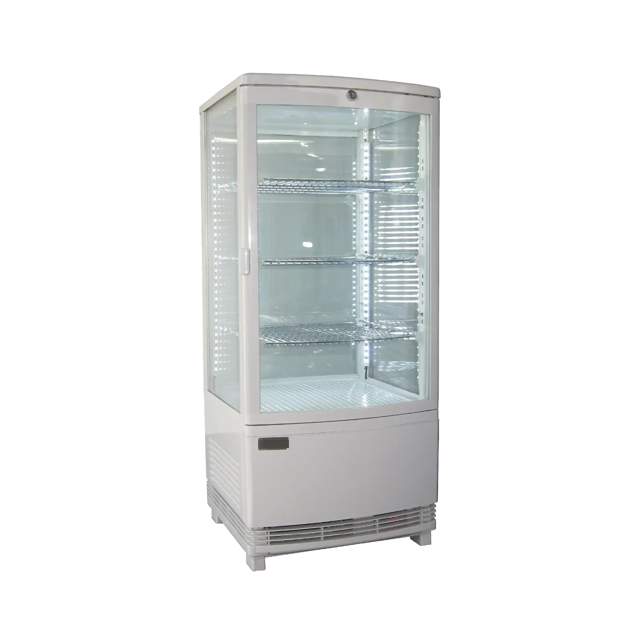 White four-sided glass countertop display refrigerator with three wire shelves and corner LED lights.