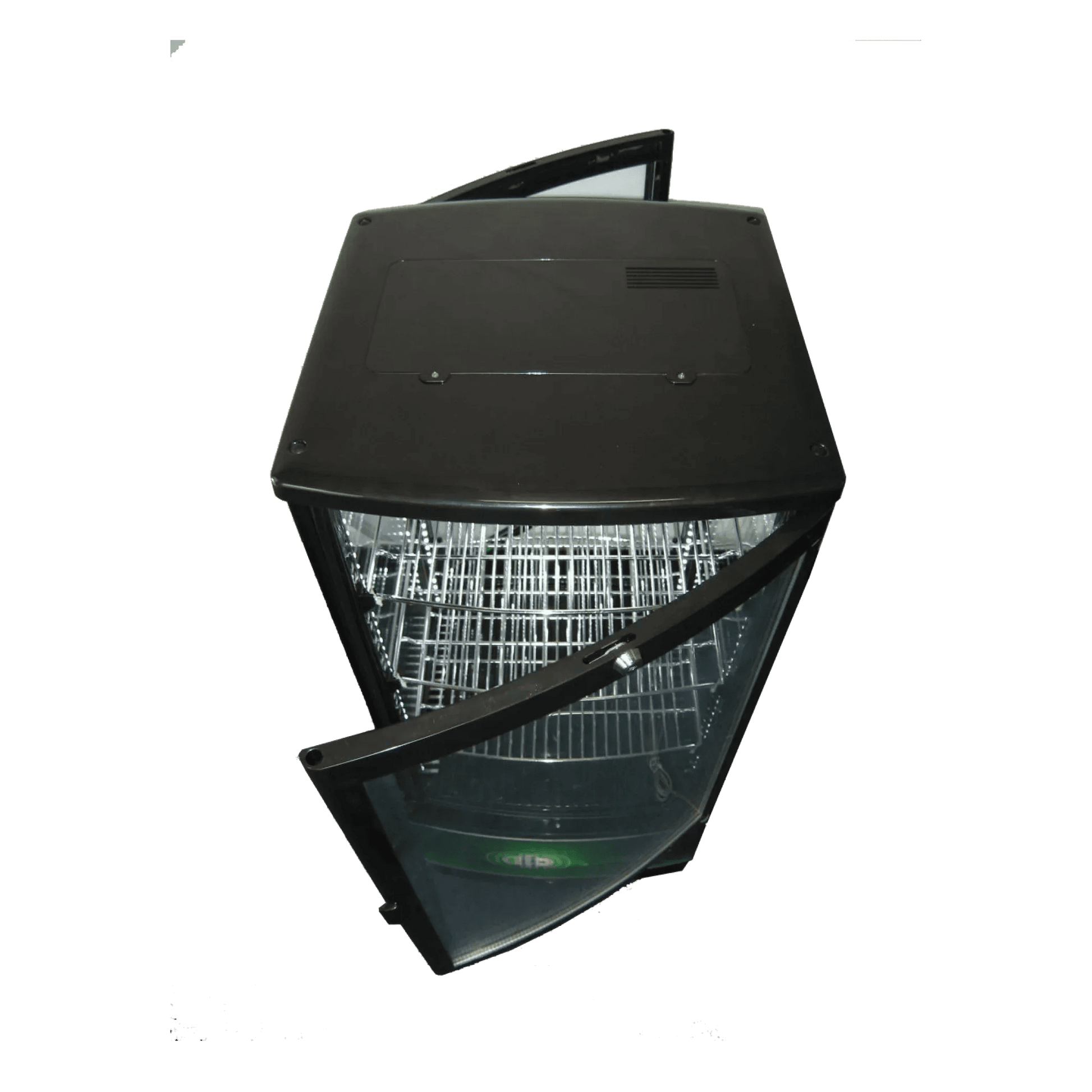 Black four-sided glass countertop display refrigerator with corner LED lights and wire shelving.