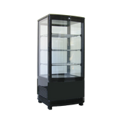 Black four-sided glass countertop display refrigerator with three wire shelves and corner LED lights.