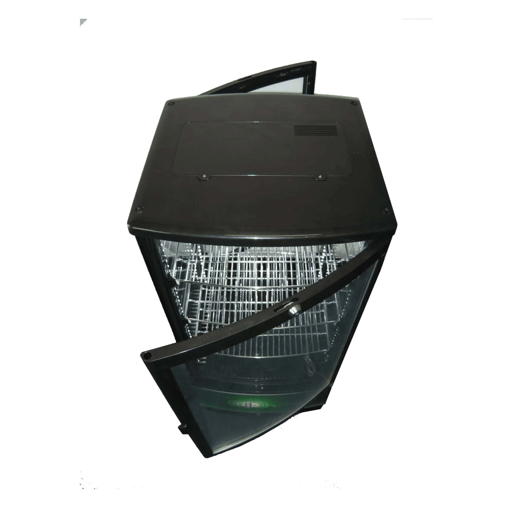 Compact black glass countertop refrigerator with a single door open, wire shelves visible inside.