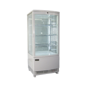 White four-sided glass countertop refrigerator with three adjustable glass shelves and LED lighting at each corner.