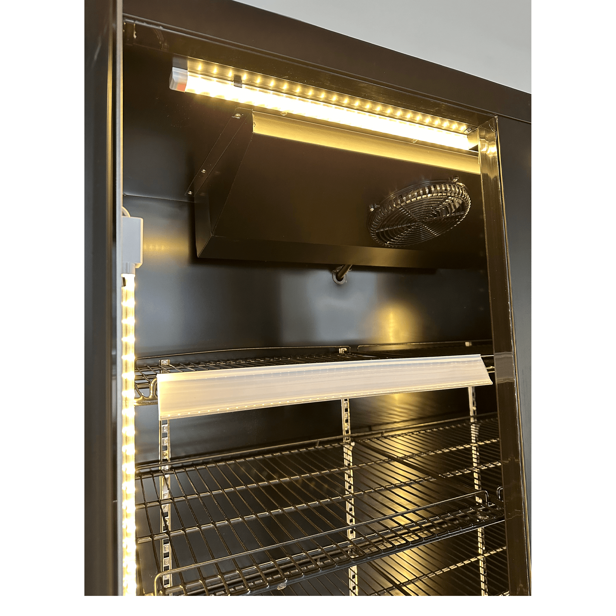 Black upright display refrigerator interior with LED lighting, ventilation fan, and adjustable wire shelves.