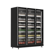 Black three-door upright display refrigerator with glass panels and multiple beverage shelves.