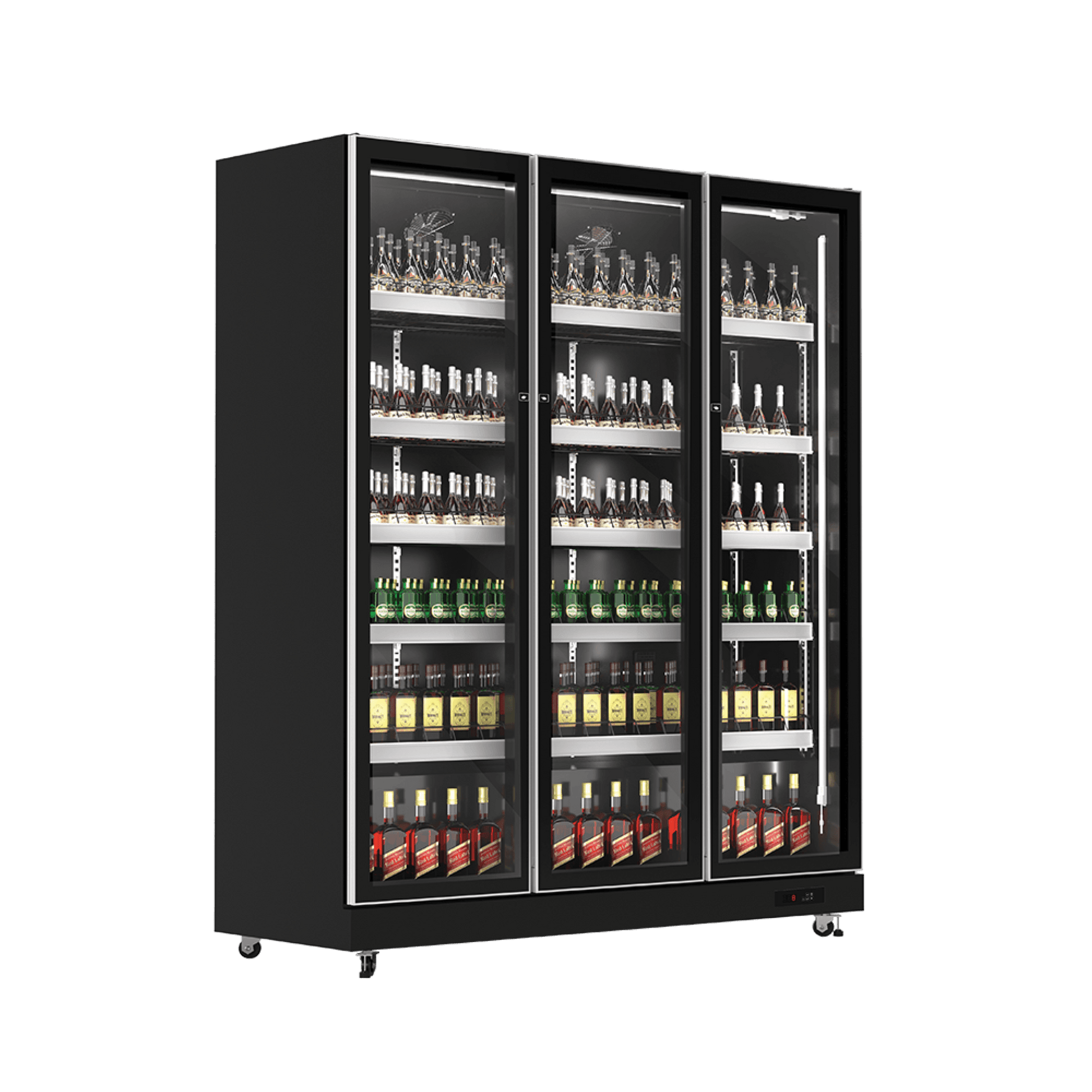 Black three-door upright display refrigerator with glass panels and multiple beverage shelves.