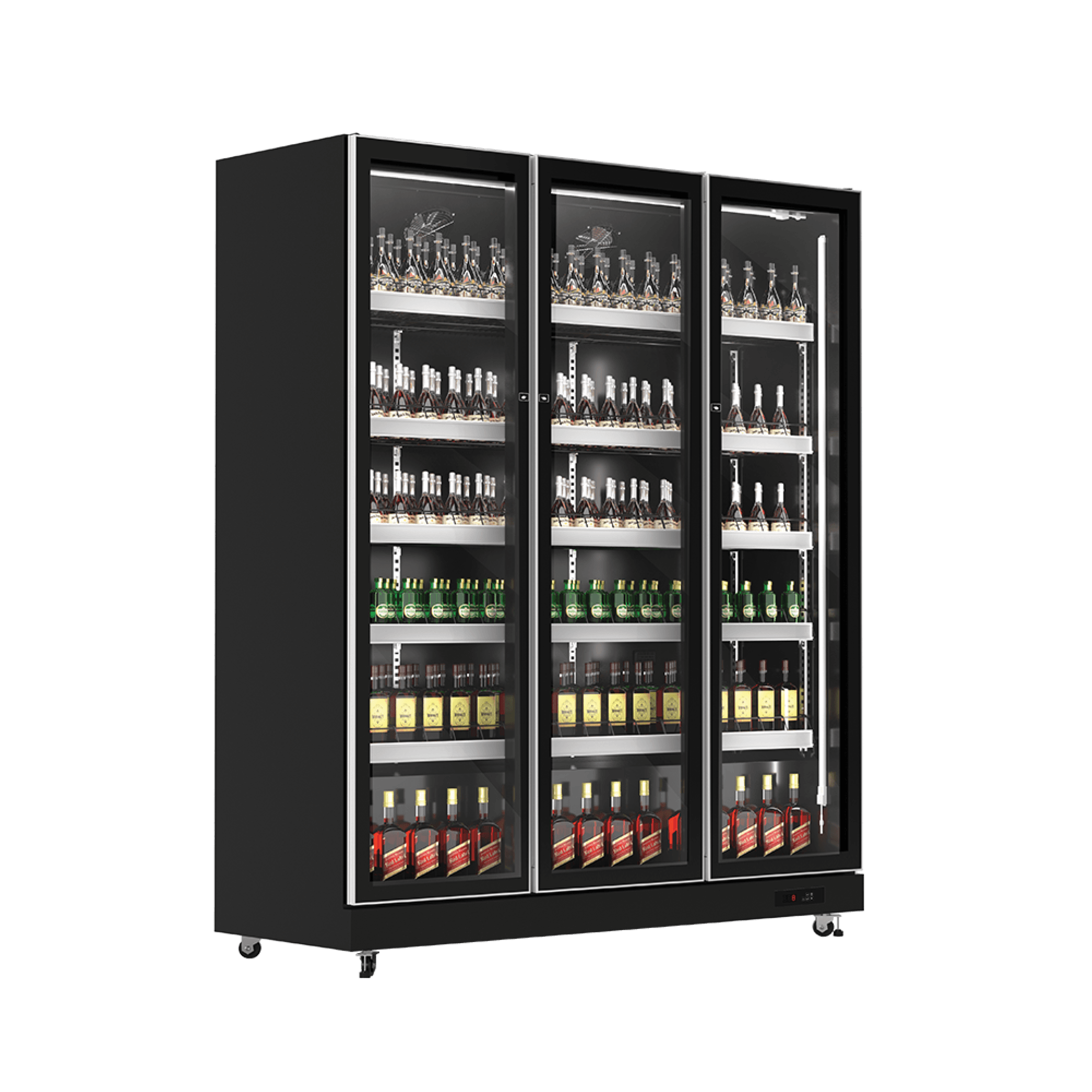 Black three-door upright display refrigerator with glass panels and multiple beverage shelves.
