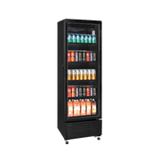 Black upright display refrigerator with one glass door and four shelves stocked with assorted beverages.