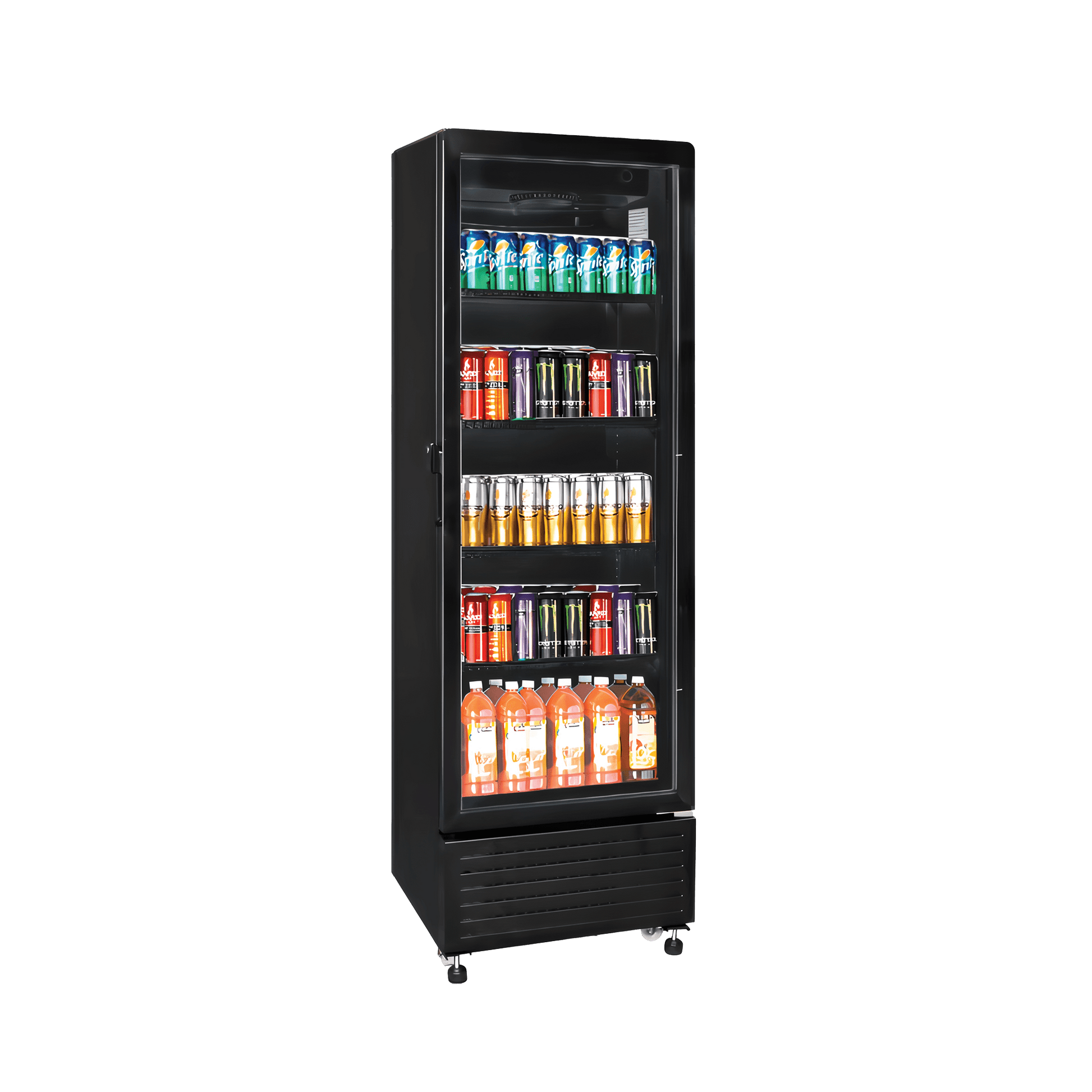 Black upright display refrigerator with one glass door and four shelves stocked with assorted beverages.