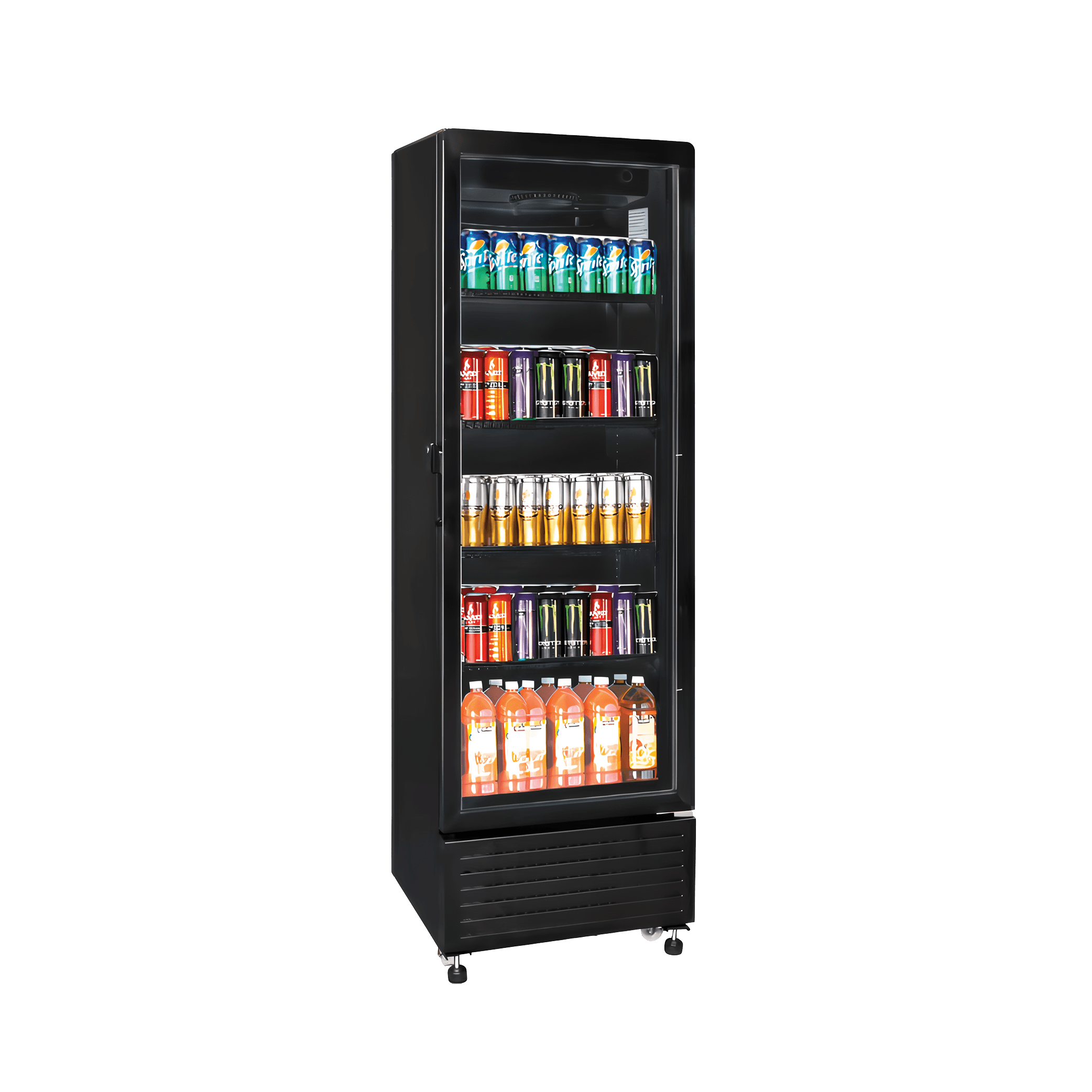 Black upright display refrigerator with one glass door and four shelves stocked with assorted beverages.