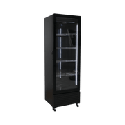 Black upright display refrigerator with single glass door and multiple adjustable shelves.