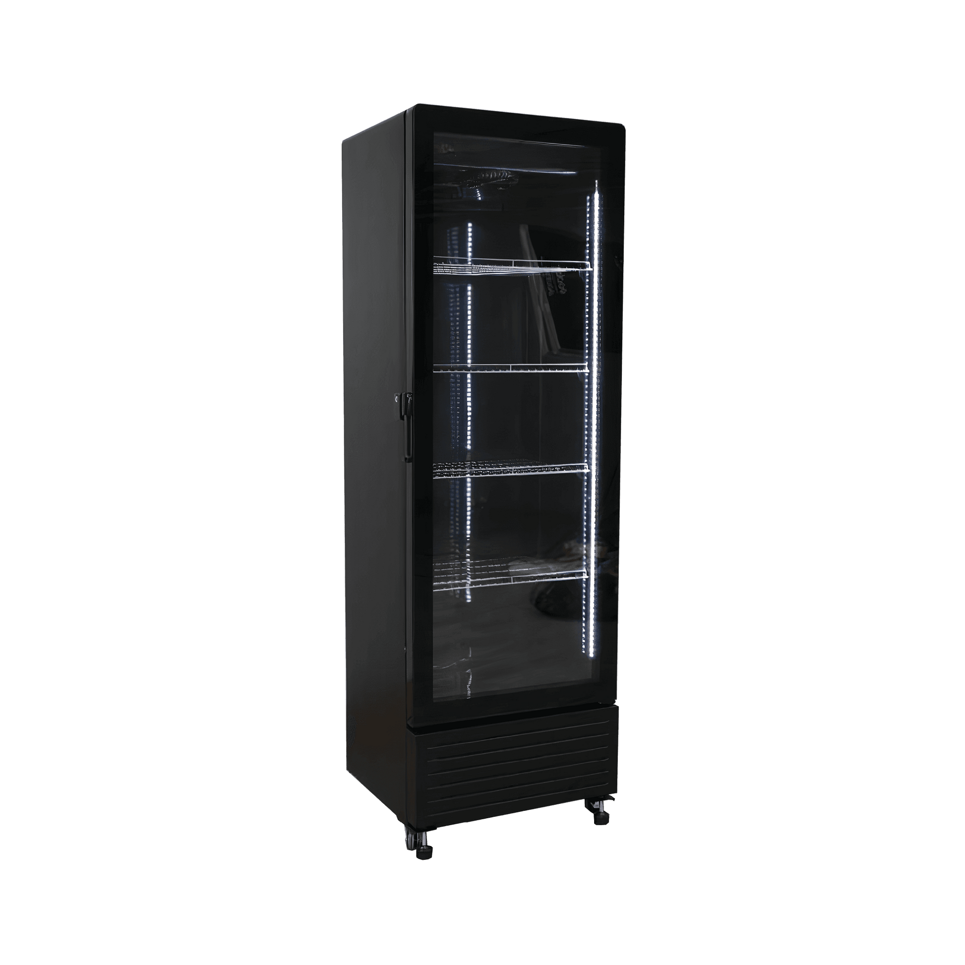 Black upright display refrigerator with single glass door and multiple adjustable shelves.