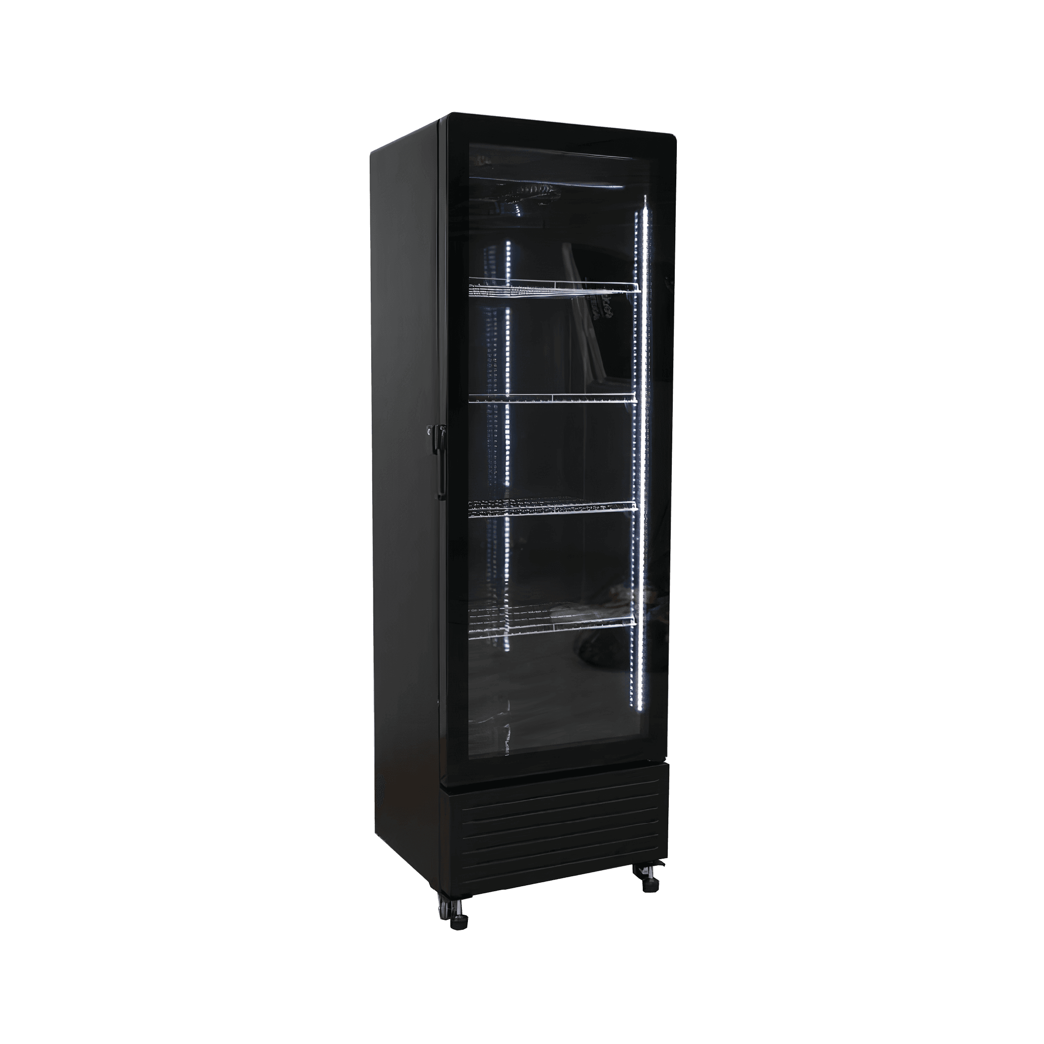Black upright display refrigerator with single glass door and multiple adjustable shelves.