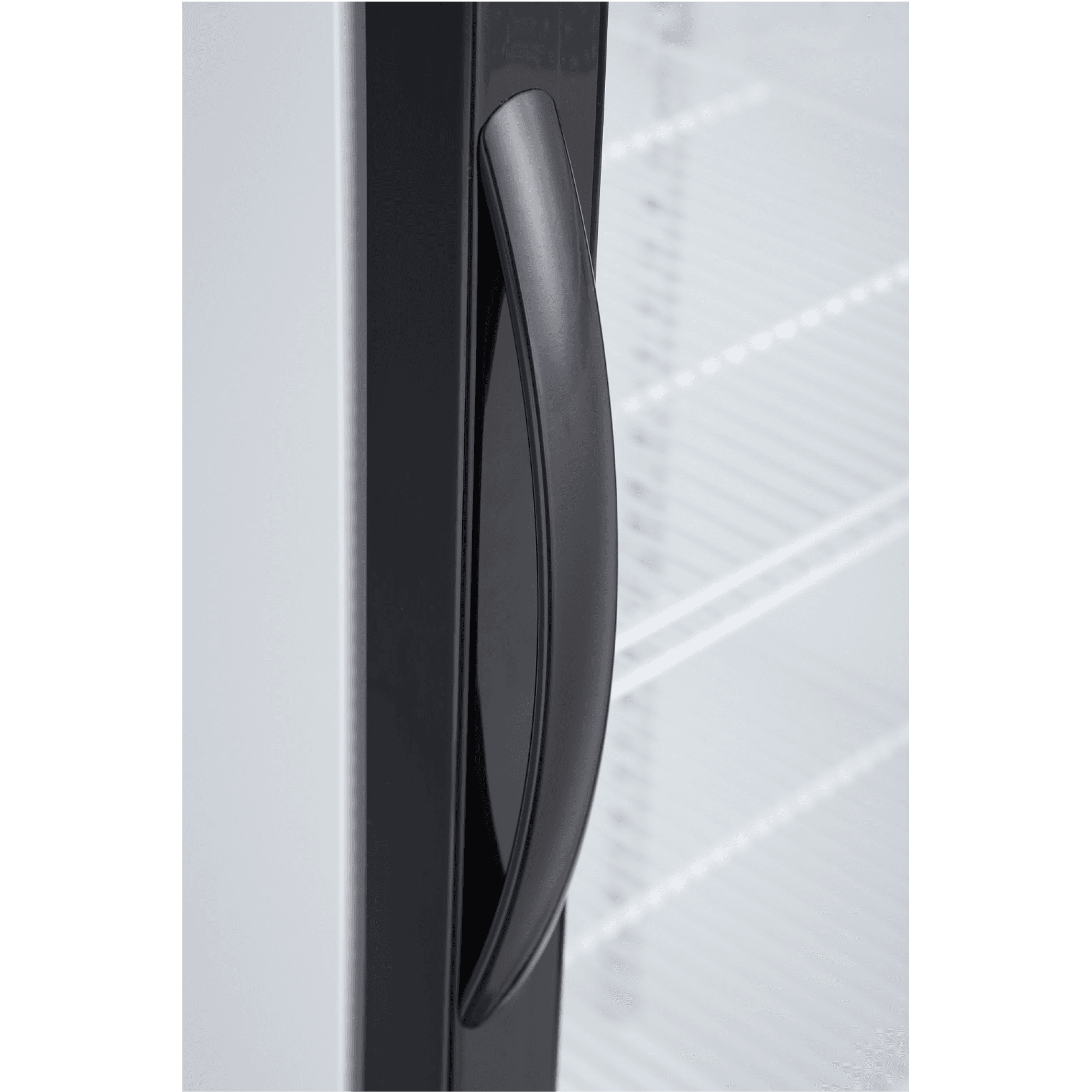 Black curved vertical handle on white upright glass door refrigerator panel.