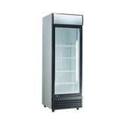 White upright display refrigerator with single glass door and multiple white shelves.