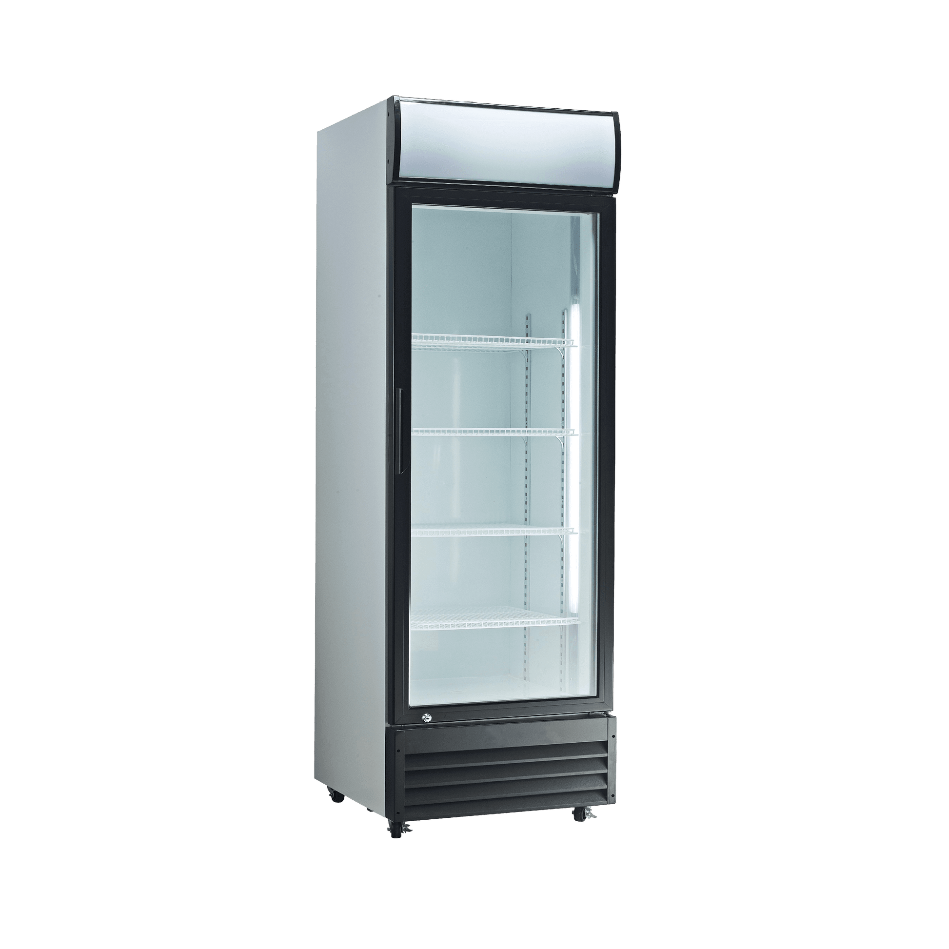 White upright display refrigerator with single glass door and multiple white shelves.