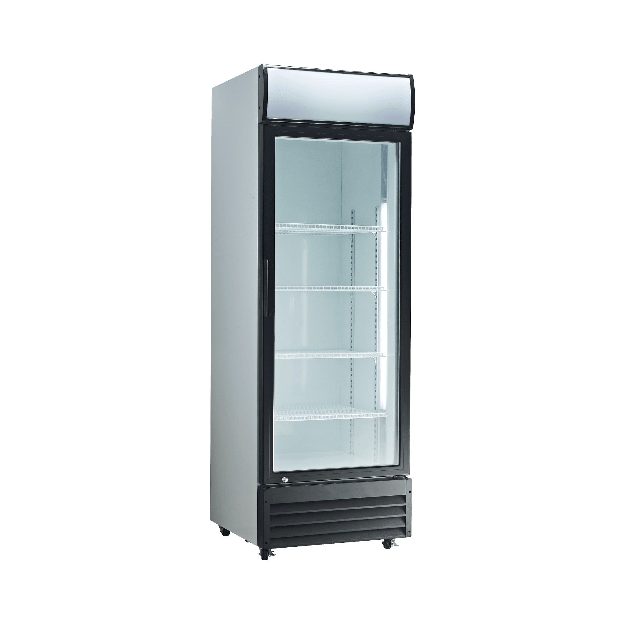 White upright display refrigerator with single glass door and multiple white shelves.