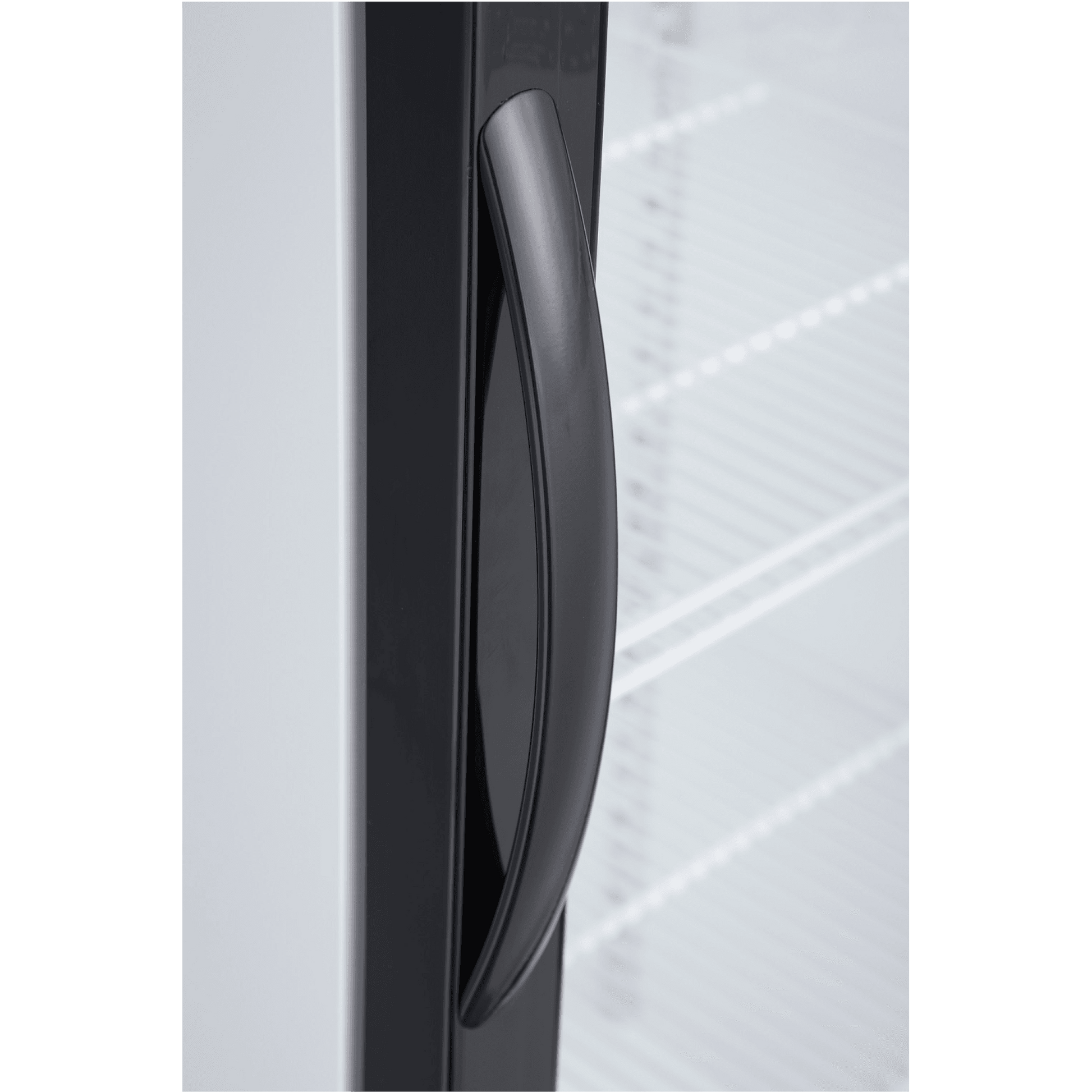Curved black handle on upright glass door of display refrigerator with white interior shelves.