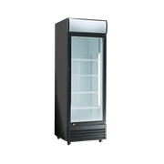 Black upright display refrigerator with glass door, white interior shelves, and top light panel.