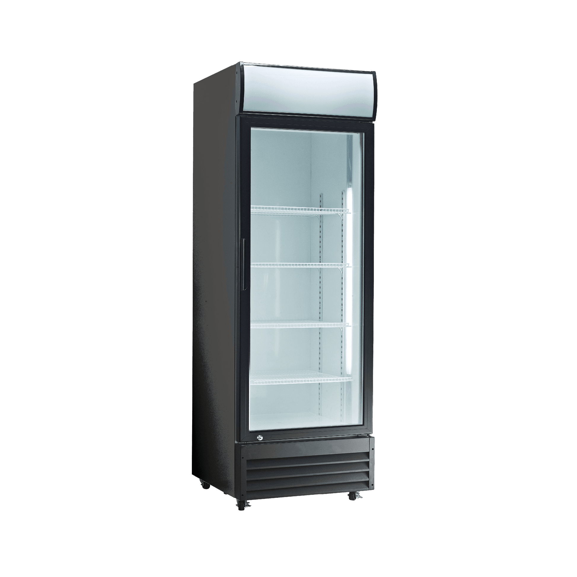 Black upright display refrigerator with glass door, white interior shelves, and top light panel.