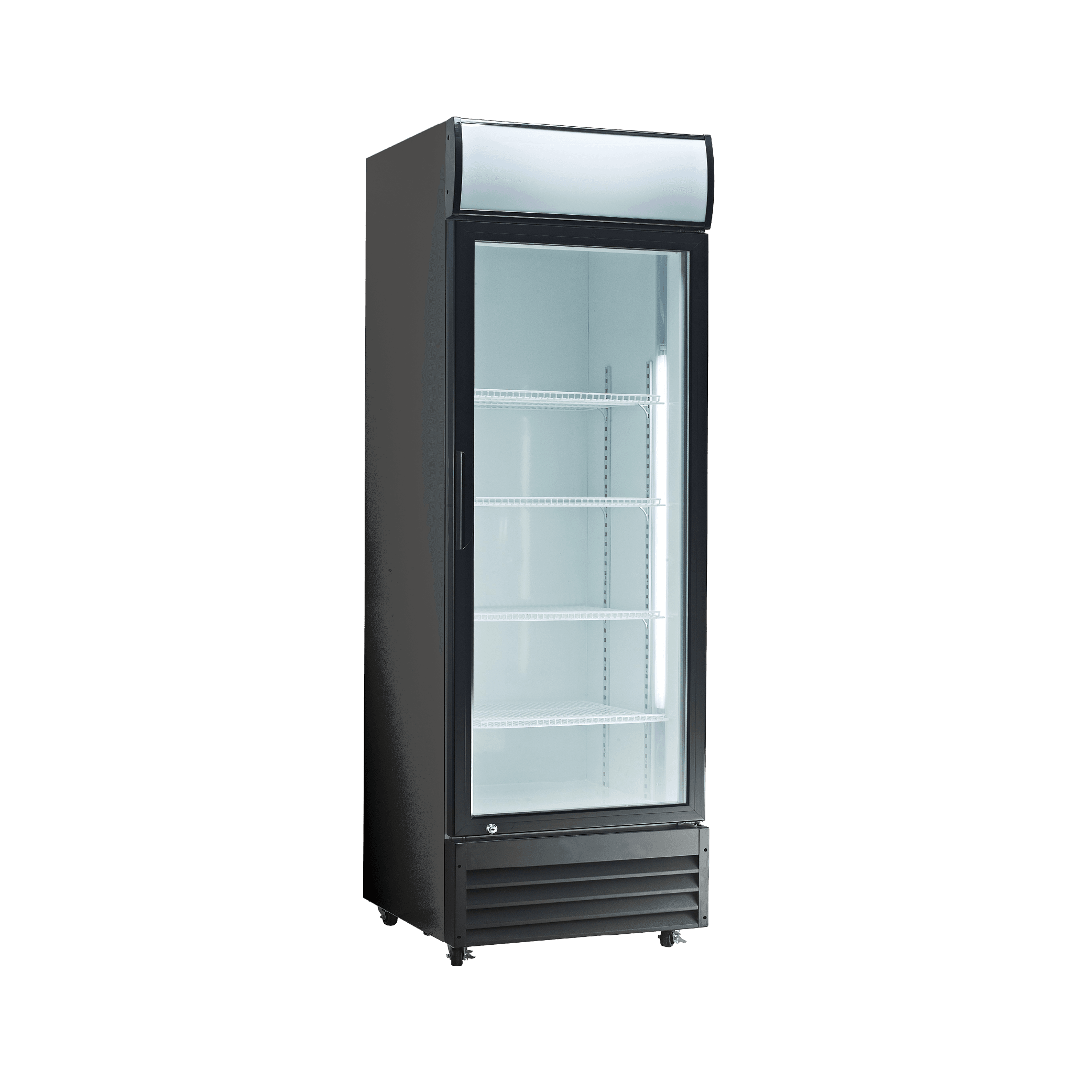 Black upright display refrigerator with glass door, white interior shelves, and top light panel.
