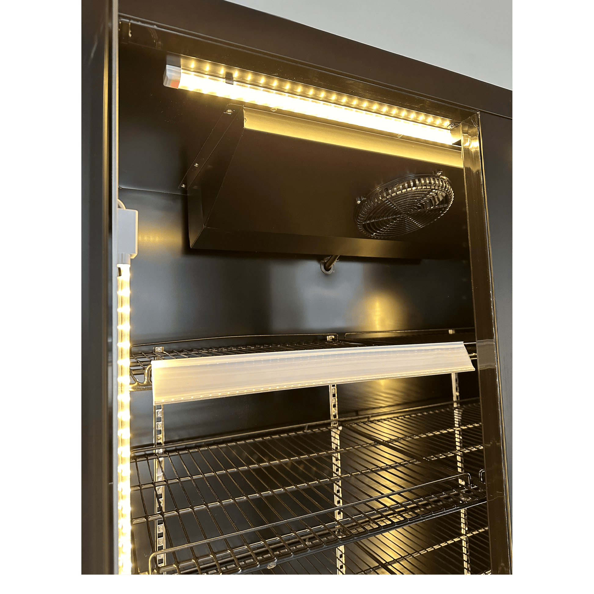 Black upright display refrigerator with glass door, internal LED lighting, and metal wire shelves.