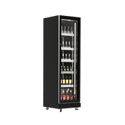 Black upright display refrigerator with single glass door and multiple shelves showing beverages inside.