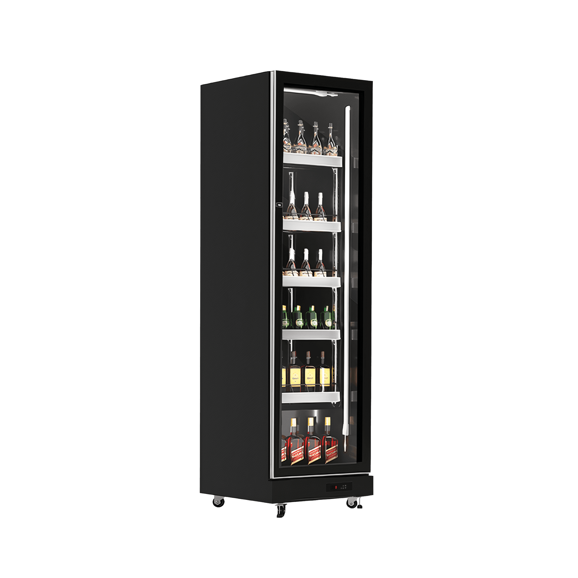 Black upright display refrigerator with single glass door and multiple shelves showing beverages inside.