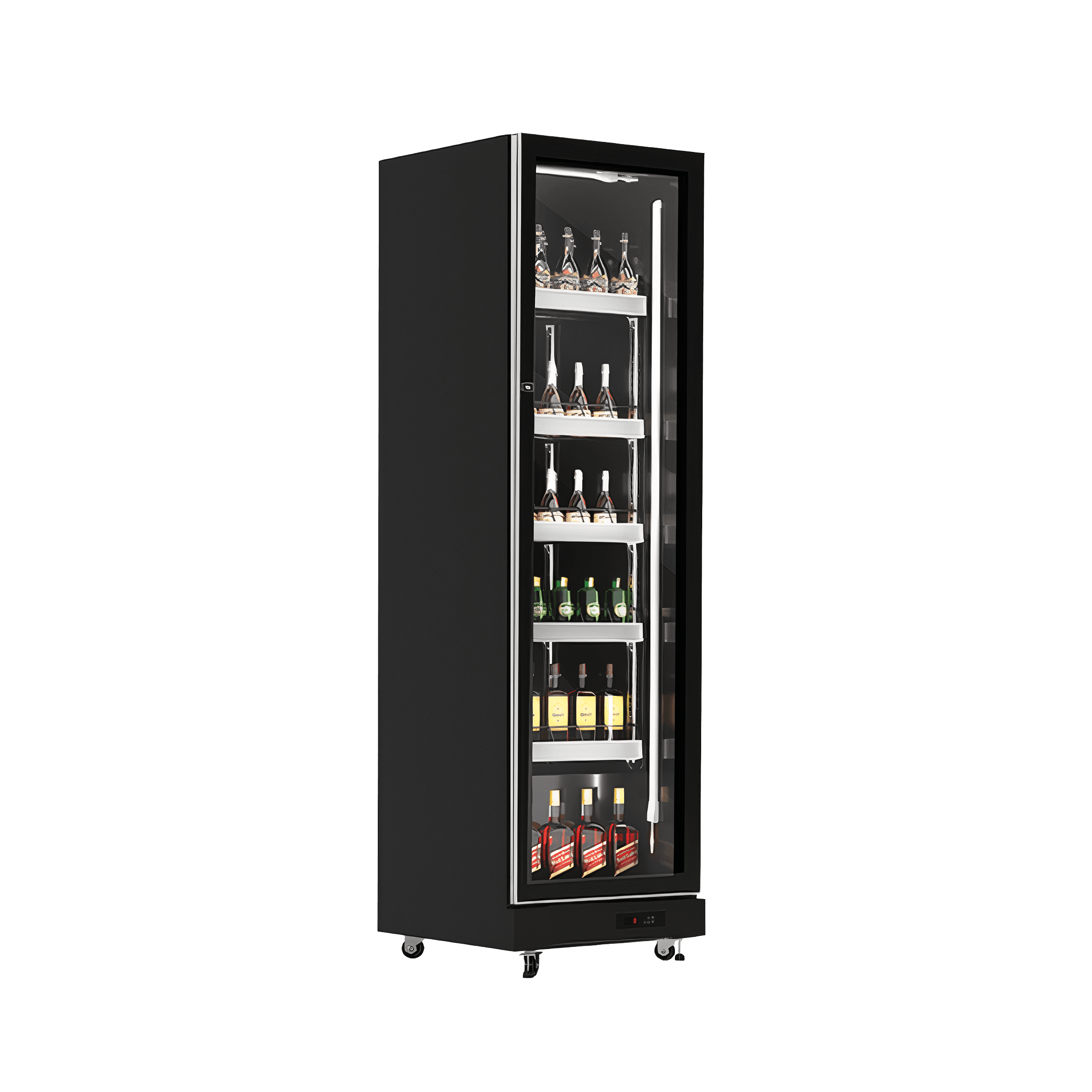 Black upright display refrigerator with single glass door and multiple shelves showing beverages inside.