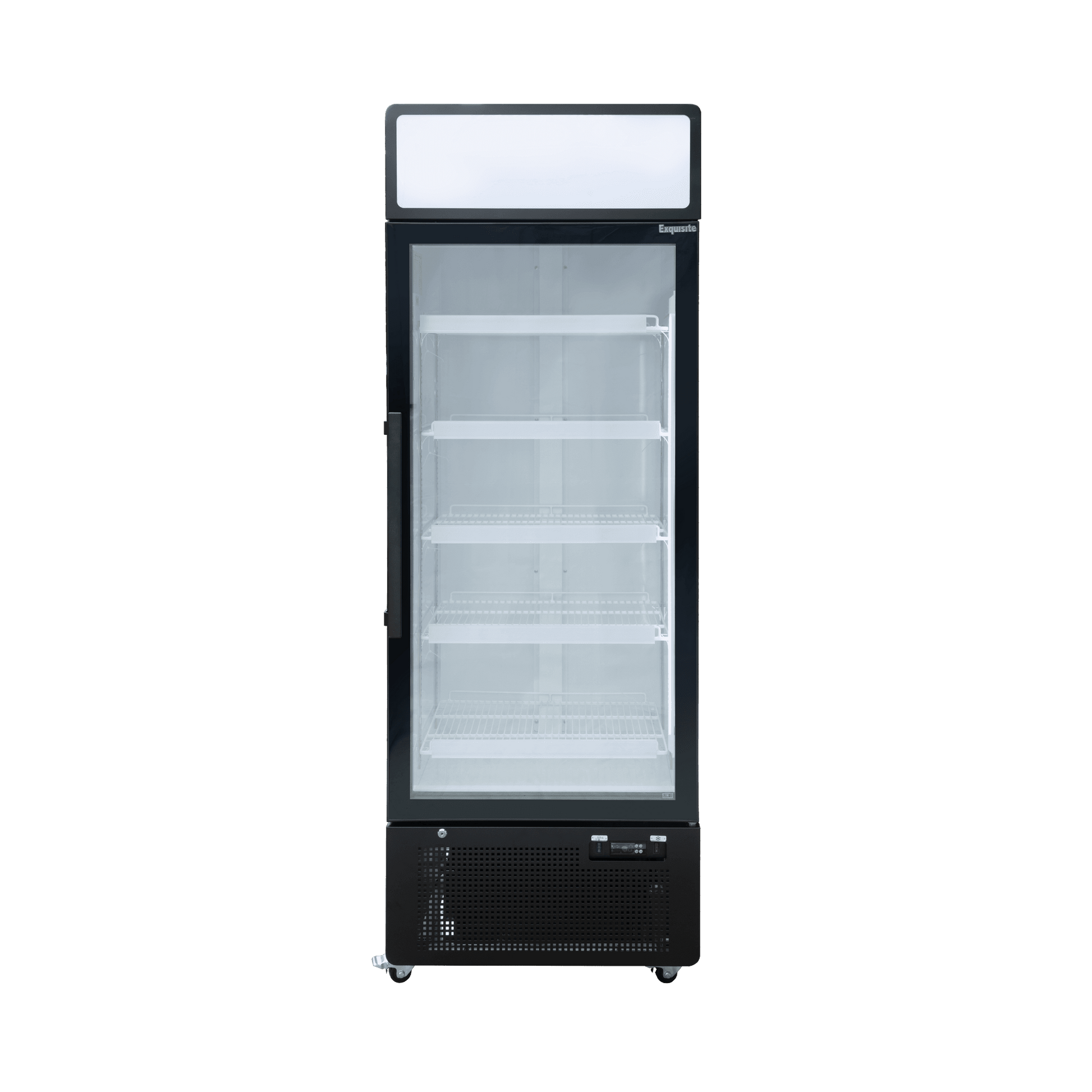 Tall black upright display refrigerator with single glass door and four adjustable white shelves.