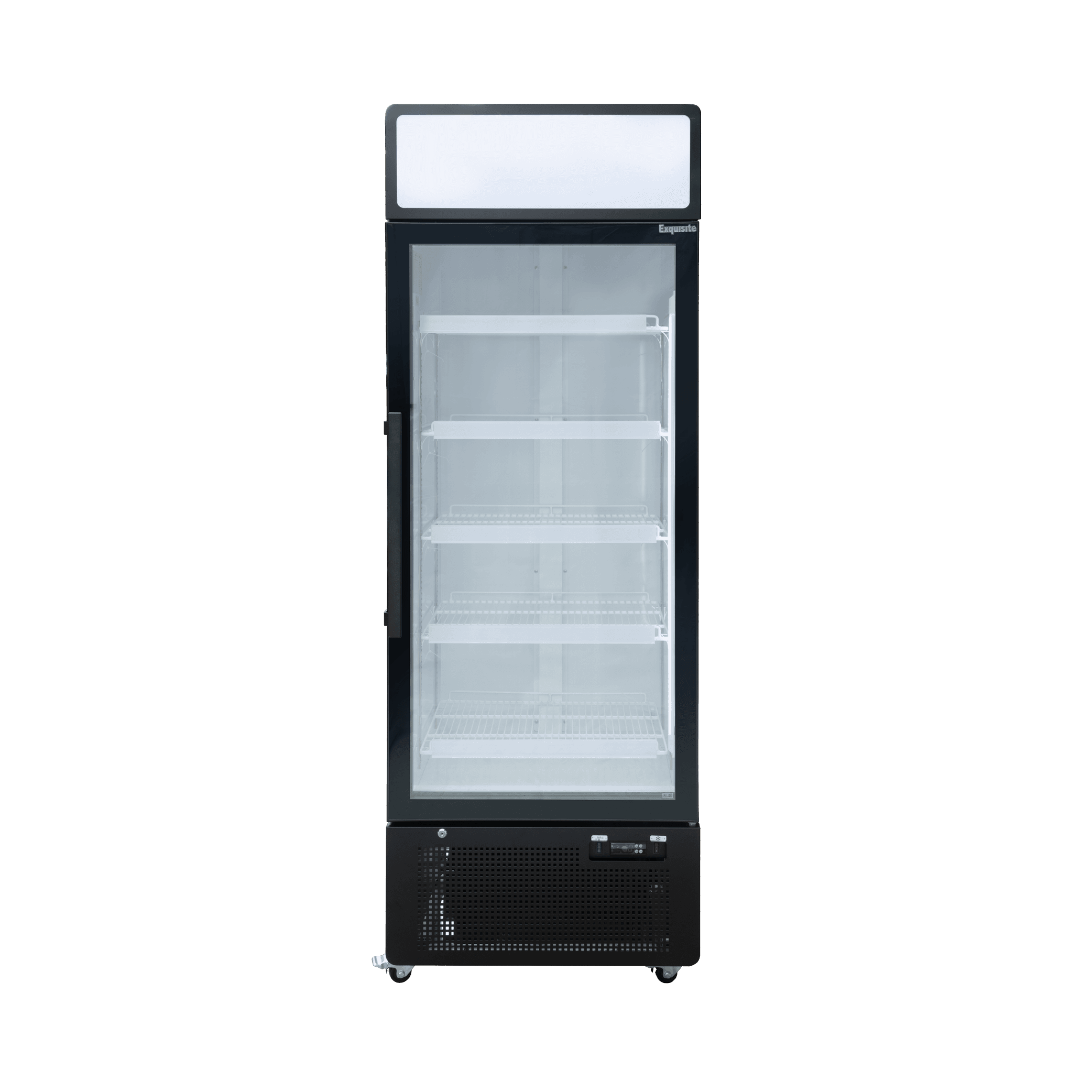 Tall black upright display refrigerator with single glass door and four adjustable white shelves.