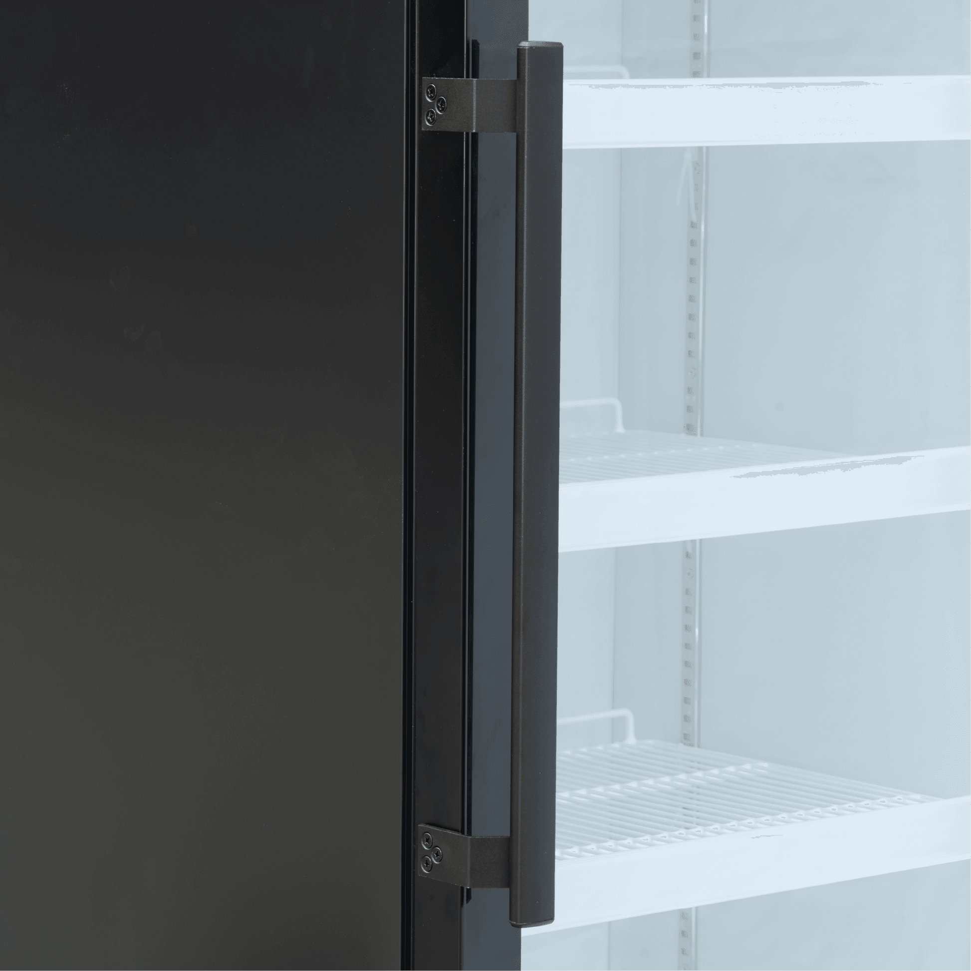 Black upright display refrigerator with one glass door, black handle, and white interior shelves.