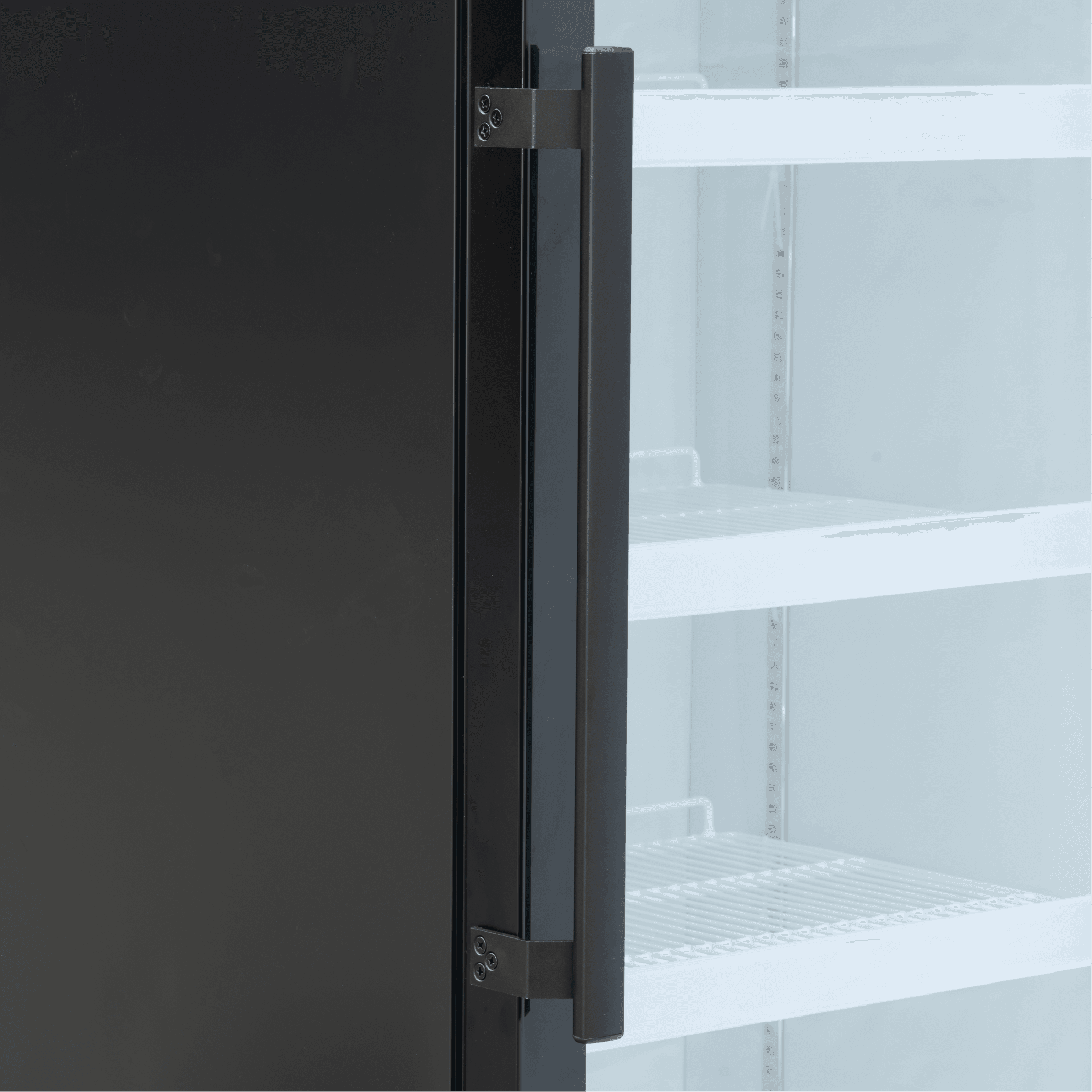 Black upright display refrigerator with one glass door, black handle, and white interior shelves.