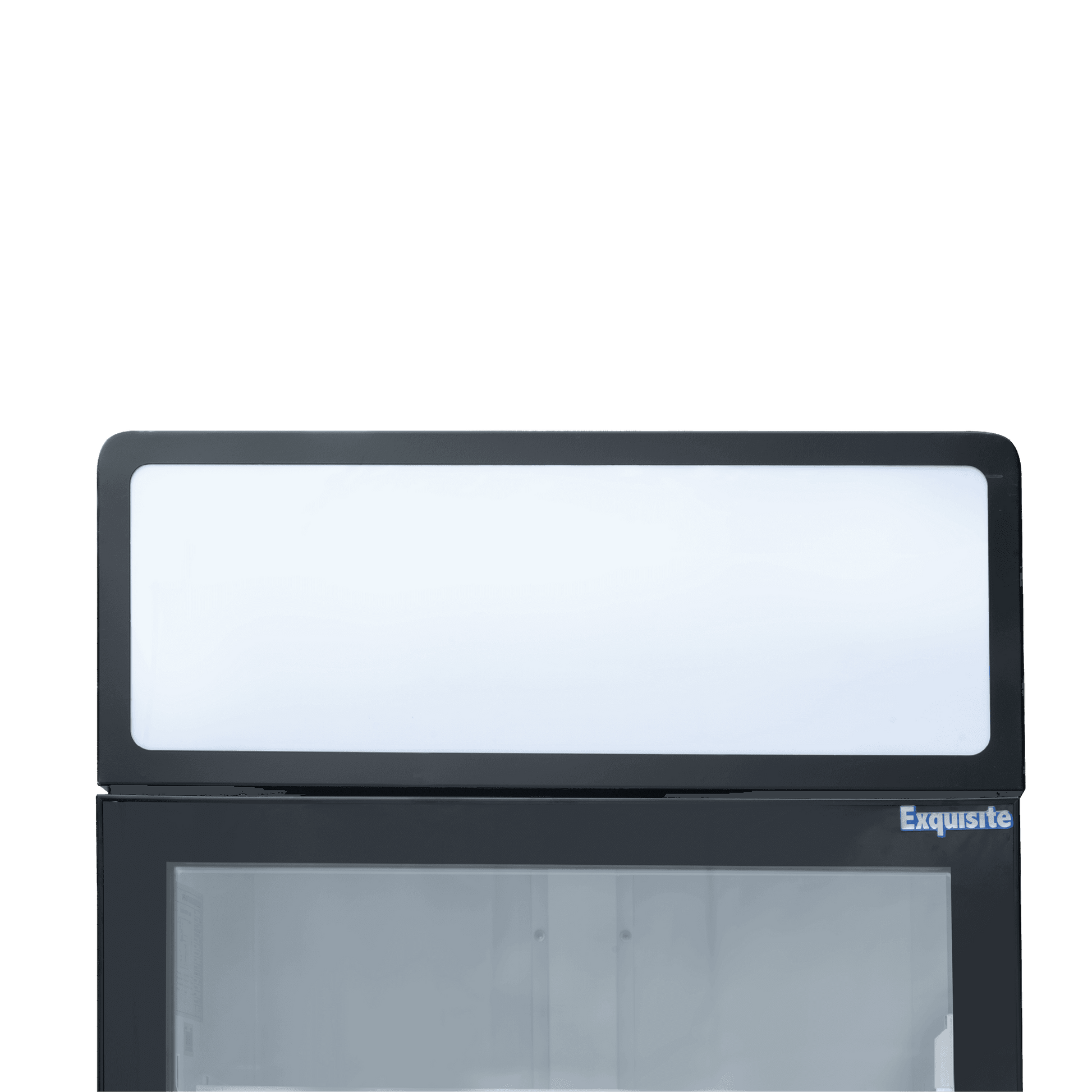 Black upright display refrigerator with single glass door and white illuminated top panel.