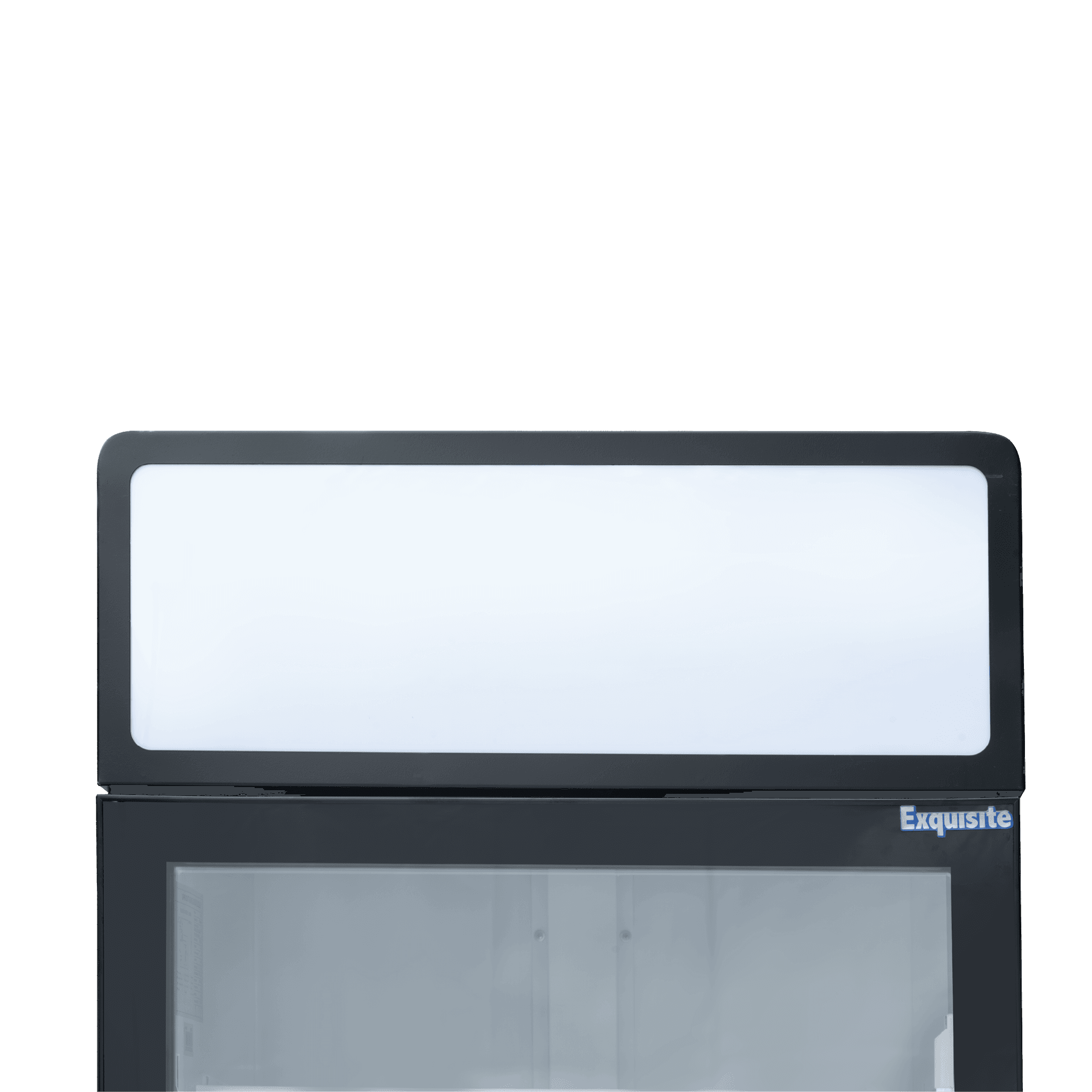 Black upright display refrigerator with single glass door and white illuminated top panel.