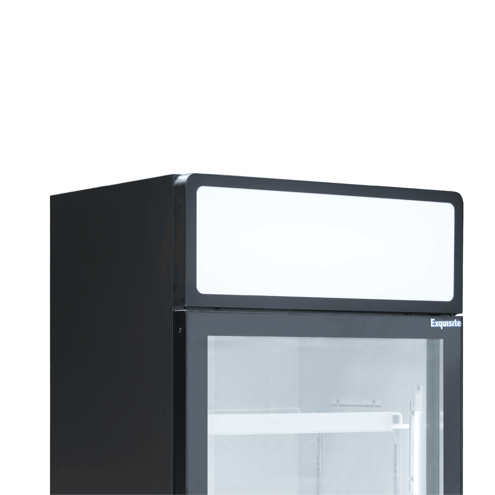 Black upright display refrigerator with one clear glass door, white illuminated header, and metal shelving inside.