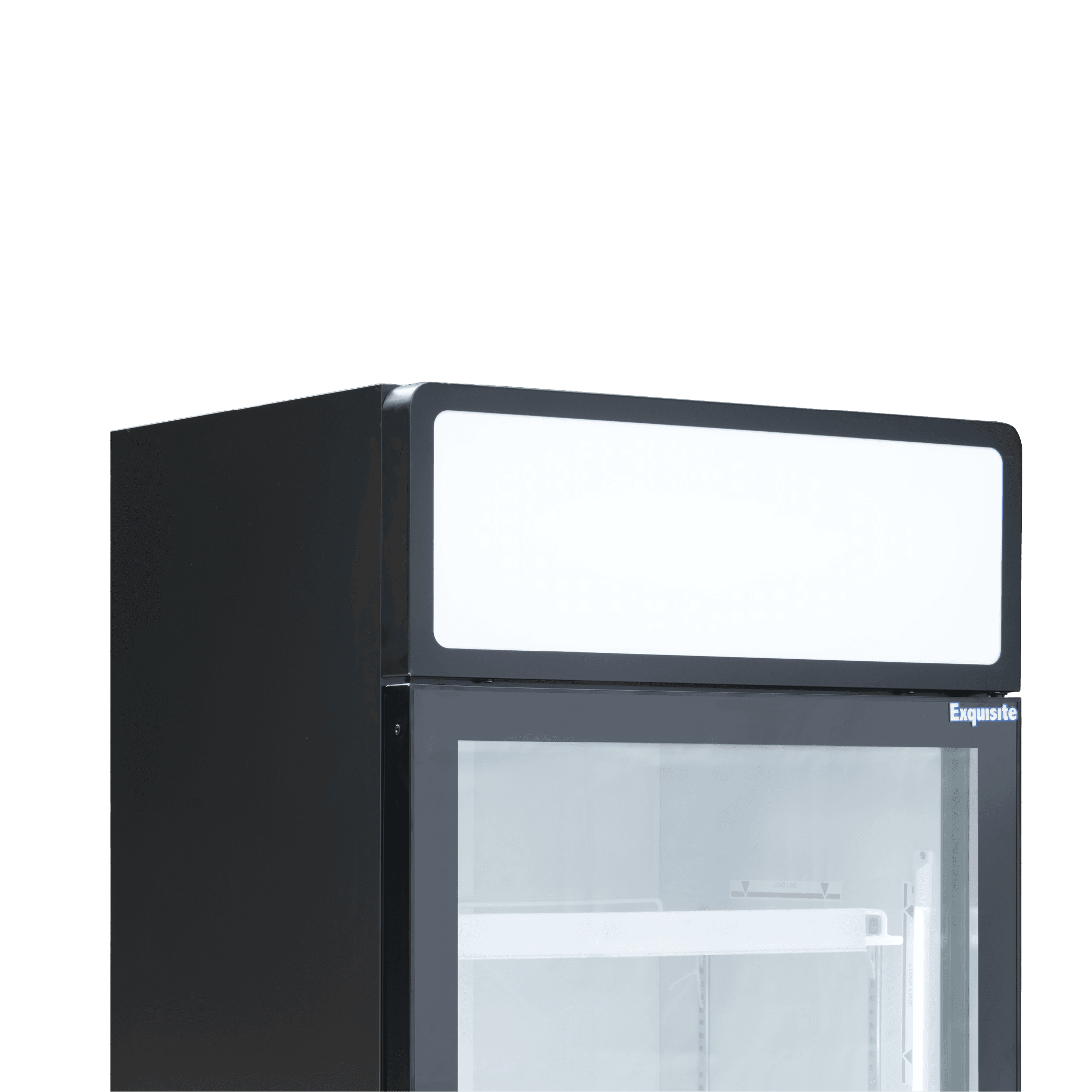 Black upright display refrigerator with one clear glass door, white illuminated header, and metal shelving inside.
