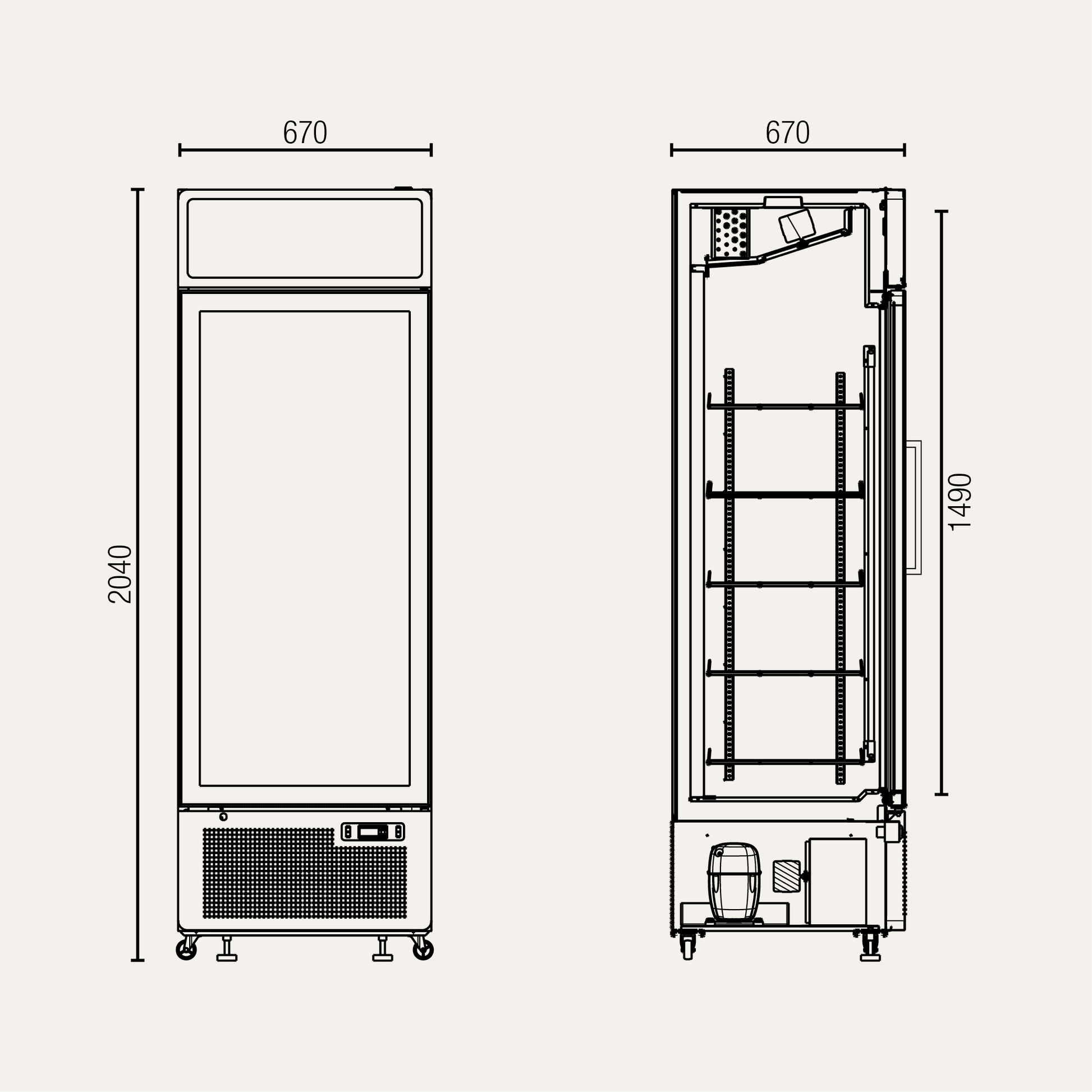 Tall upright display refrigerator with single glass door, black painted steel frame, and internal shelving, 420-litre.