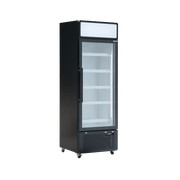 Upright black refrigerated display with glass door, white interior, and multiple shelves on casters.