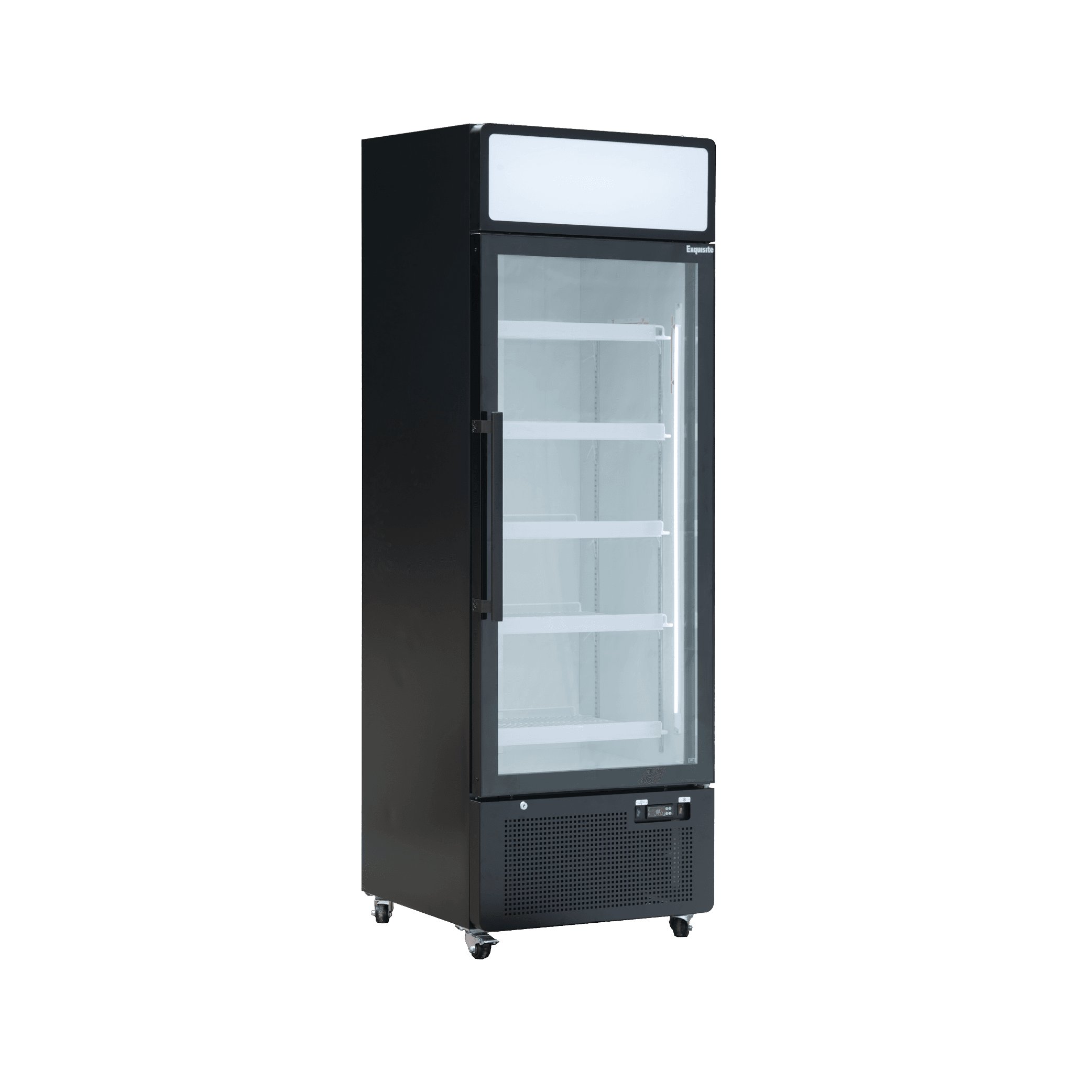 Upright black refrigerated display with glass door, white interior, and multiple shelves on casters.