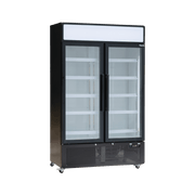 Black upright display refrigerator with two glass doors and multiple interior shelves on caster wheels.