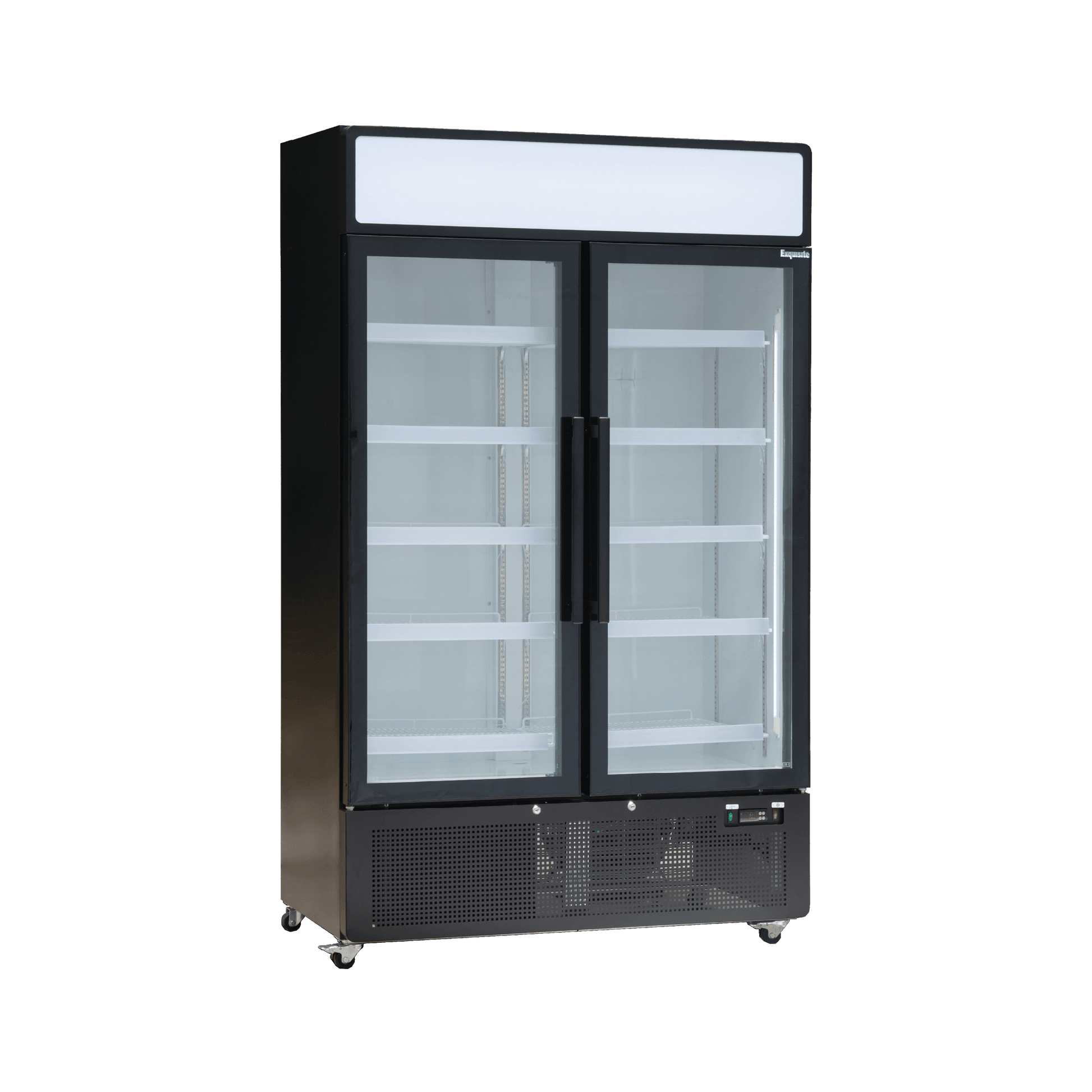 Black upright display refrigerator with two glass doors and multiple interior shelves on caster wheels.