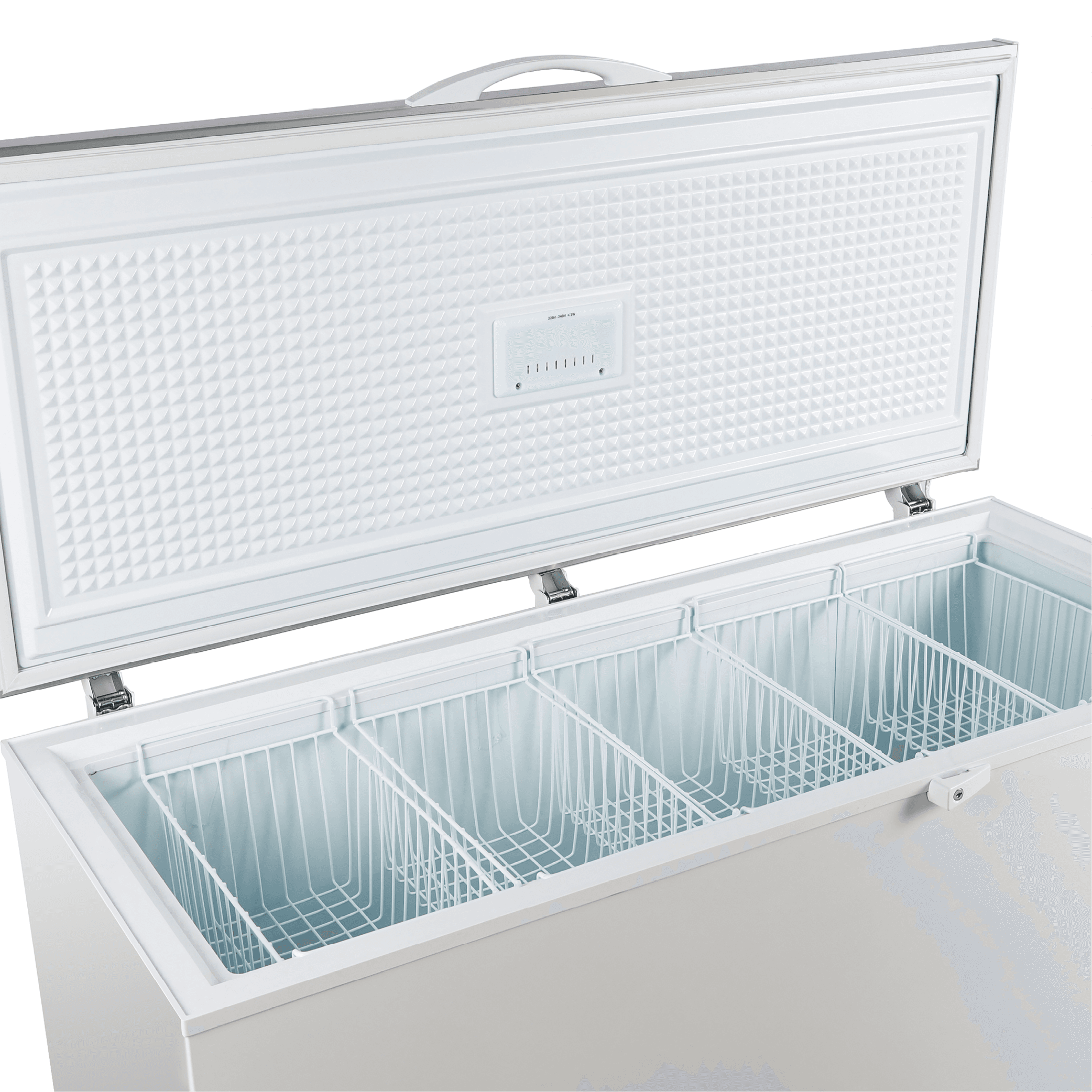 White stainless steel chest freezer with top lid open showing four metal wire baskets and textured inner lid panel.