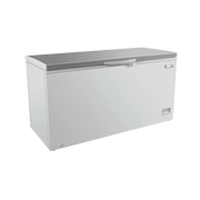 Large white steel chest freezer with stainless steel top and side handle, rectangular shape.