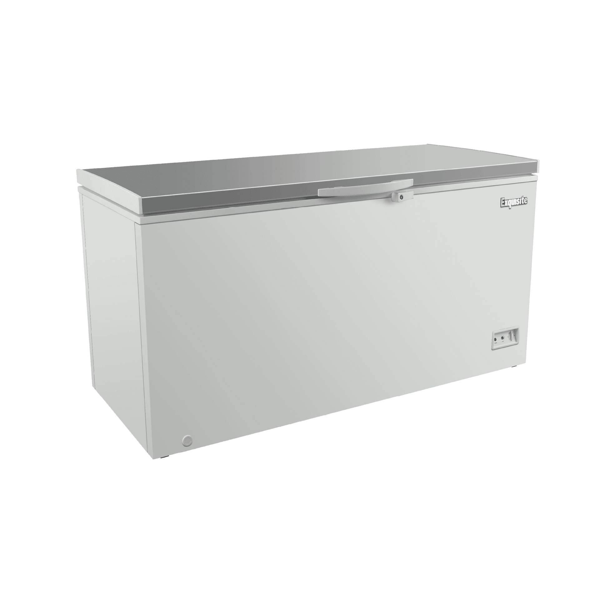 Large white steel chest freezer with stainless steel top and side handle, rectangular shape.