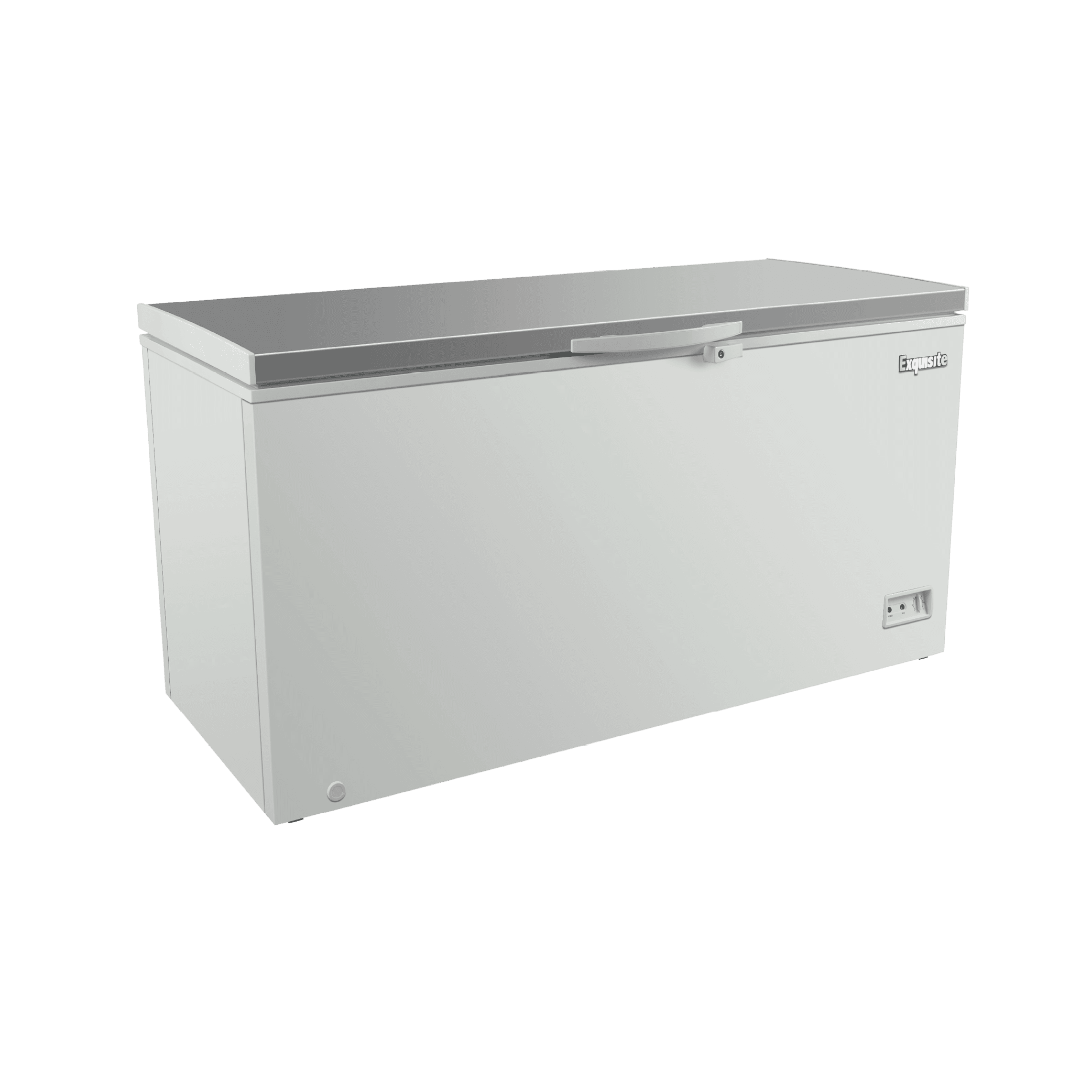 Large white steel chest freezer with stainless steel top and side handle, rectangular shape.