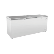 Large white stainless steel top chest freezer with three hinged lids and control panel on front.