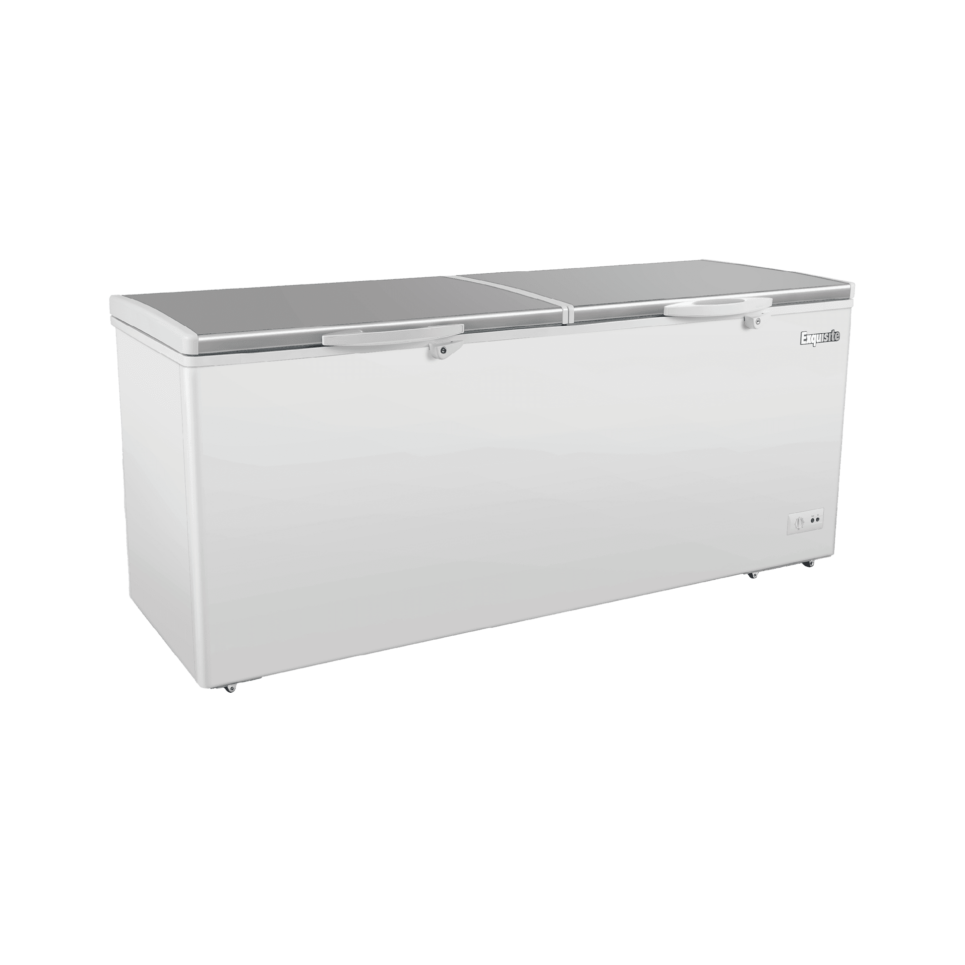 Large white stainless steel top chest freezer with three hinged lids and control panel on front.