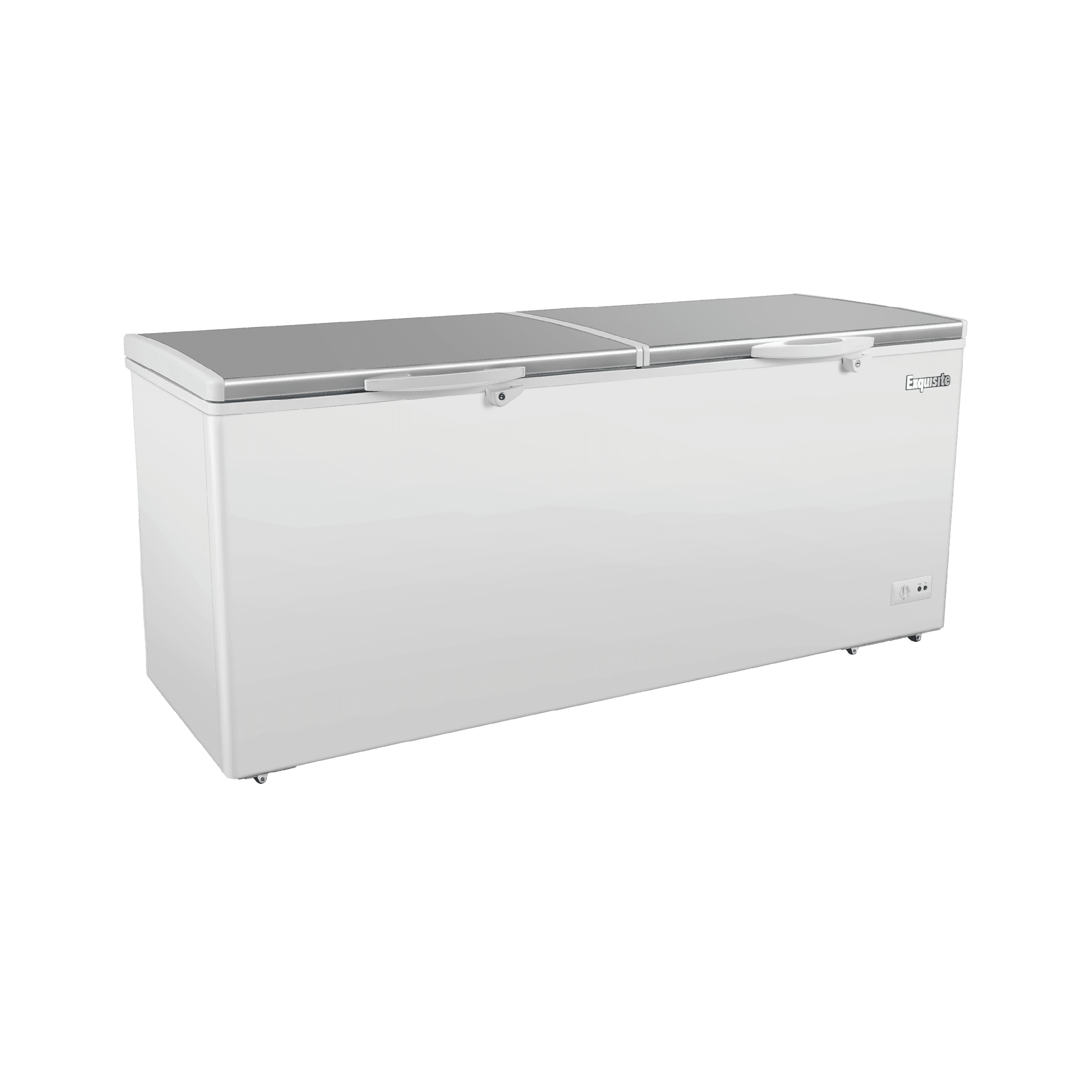 Large white stainless steel top chest freezer with three hinged lids and control panel on front.
