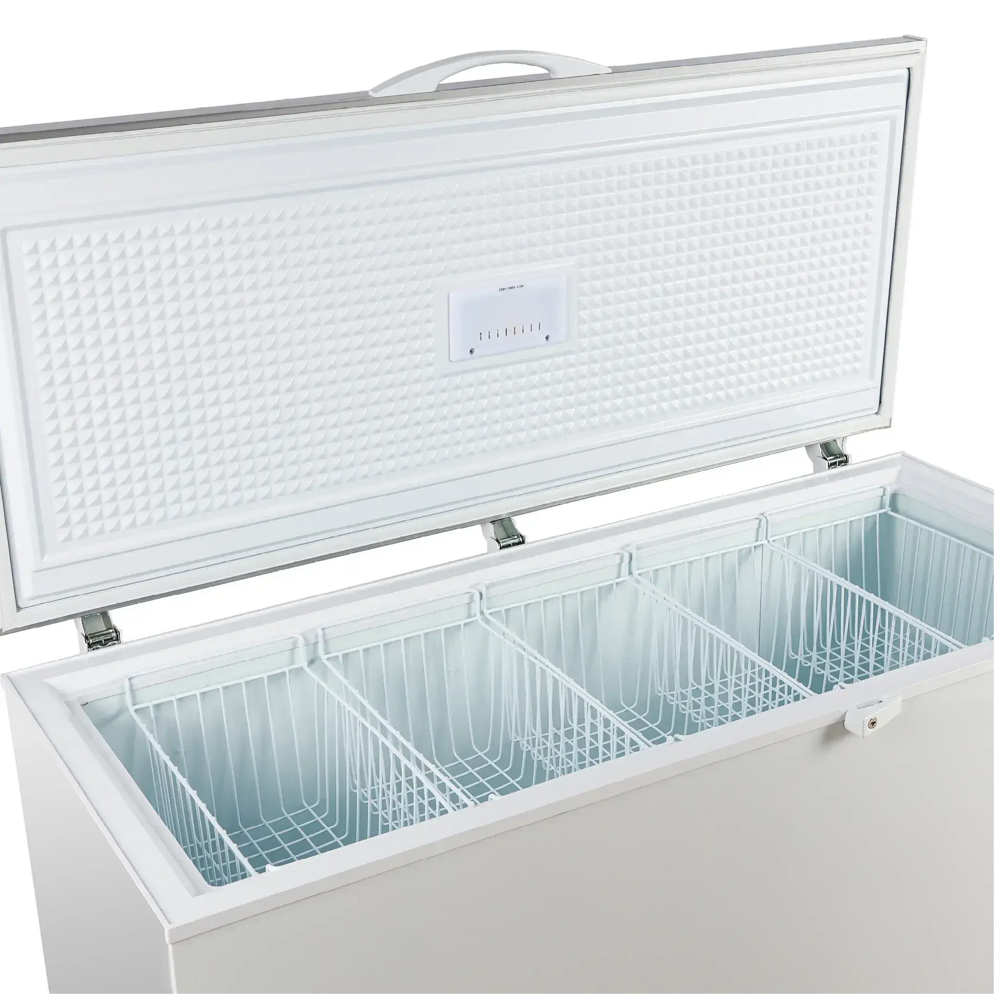 White top-opening chest freezer with stainless steel interior and four wire storage baskets.