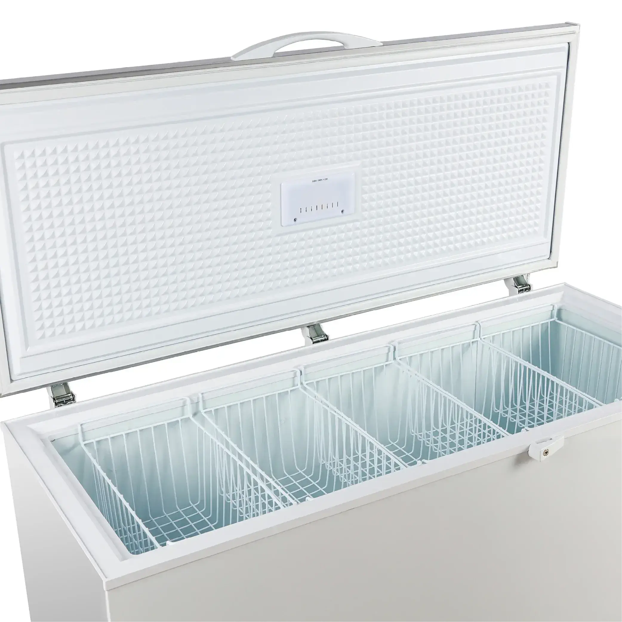 White top-opening chest freezer with stainless steel interior and four wire storage baskets.