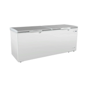 Large white stainless steel top storage chest freezer with two lids and handles, industrial design.